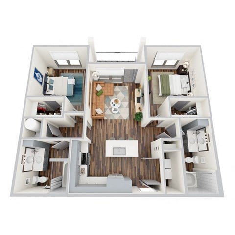 Floor plan for 2 beds, 2 baths, 966 sqft